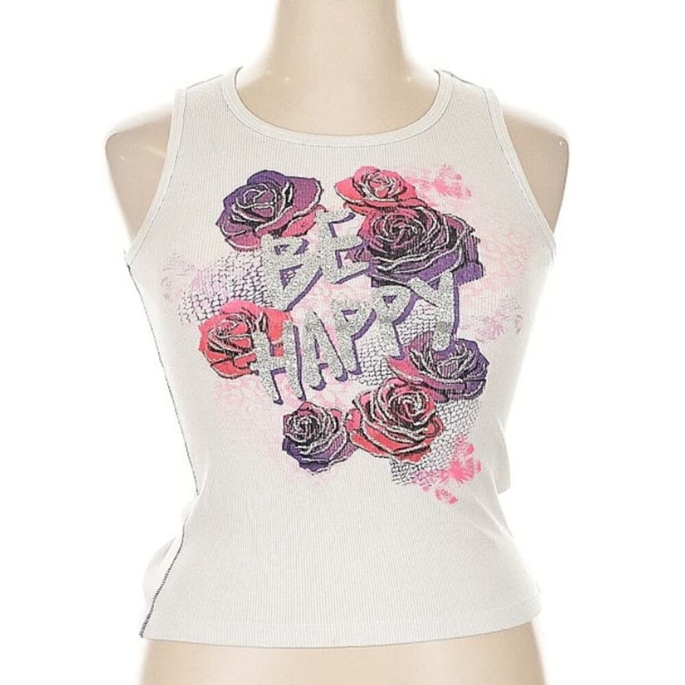 Faded Glory White Rose Grapic Tank Top Y2k vibes size XL 14-16